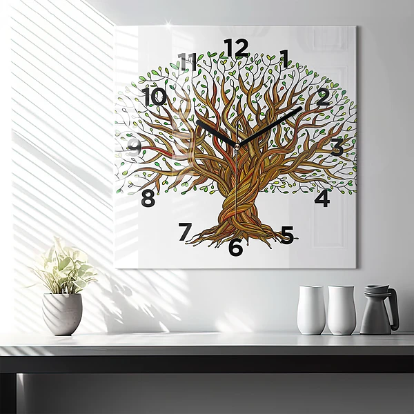 Wanduhr modern quadratisch Baumwurzeln
