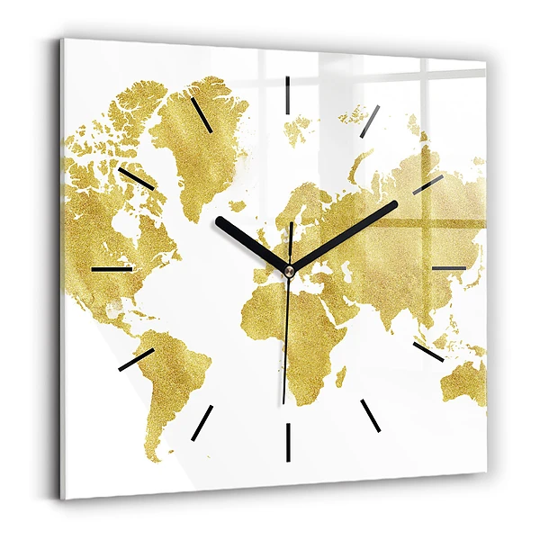 Wanduhr modern quadratisch Goldene Weltkarte