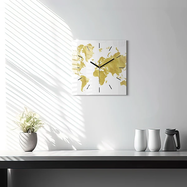 Wanduhr modern quadratisch Goldene Weltkarte