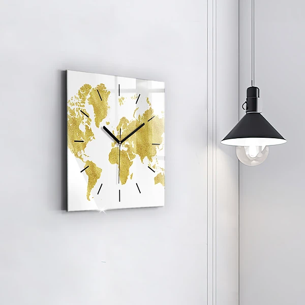 Wanduhr modern quadratisch Goldene Weltkarte