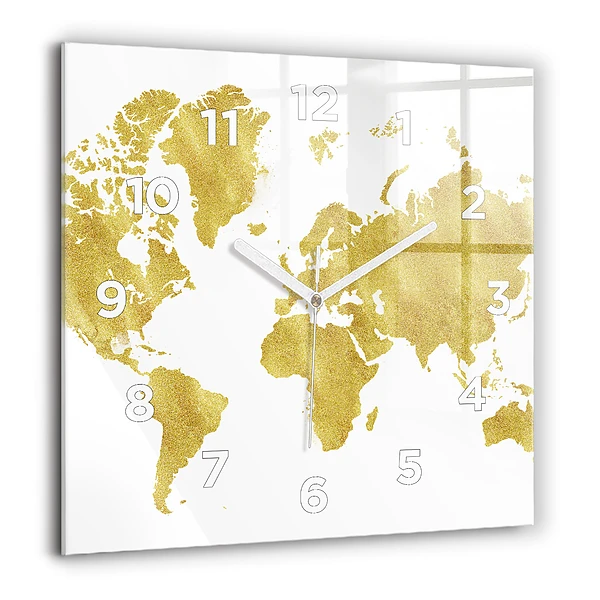 Wanduhr modern quadratisch Goldene Weltkarte