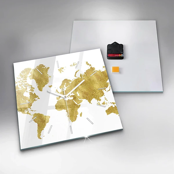 Wanduhr modern quadratisch Goldene Weltkarte