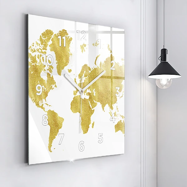 Wanduhr modern quadratisch Goldene Weltkarte