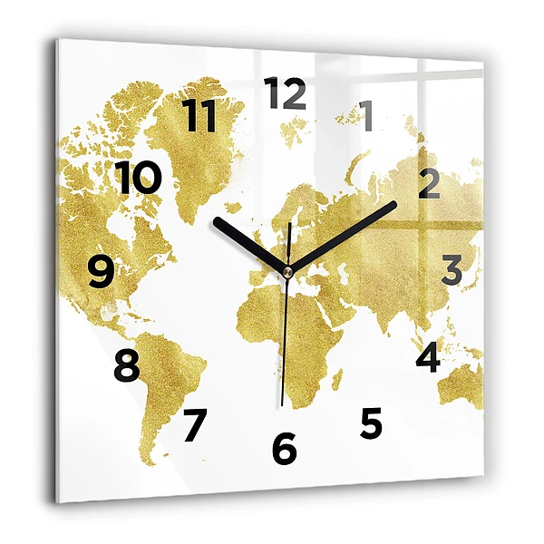 Wanduhr modern quadratisch Goldene Weltkarte