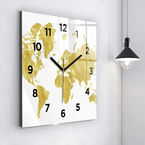 Wanduhr modern quadratisch Goldene Weltkarte