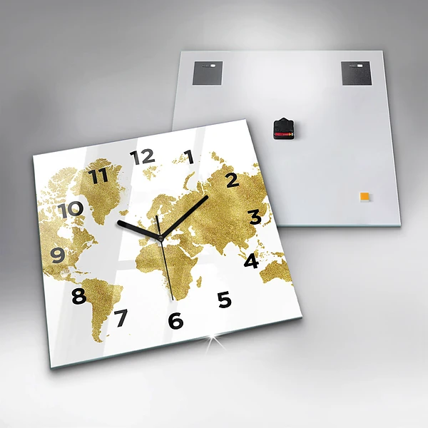 Wanduhr modern quadratisch Goldene Weltkarte