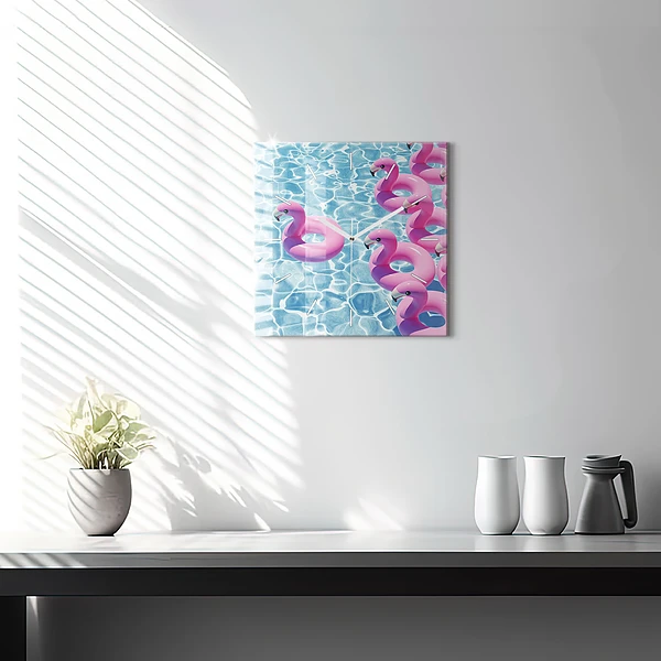 Wanduhr quadratisch Aufblasbare Flamingos