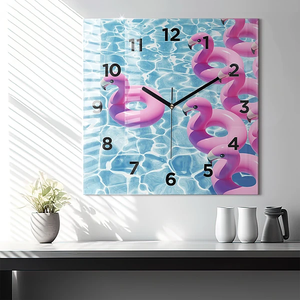Wanduhr quadratisch Aufblasbare Flamingos