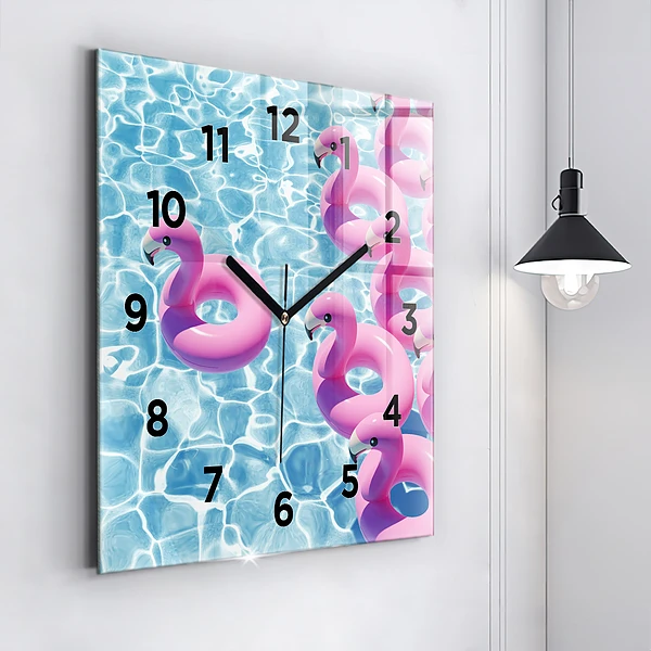 Wanduhr quadratisch Aufblasbare Flamingos