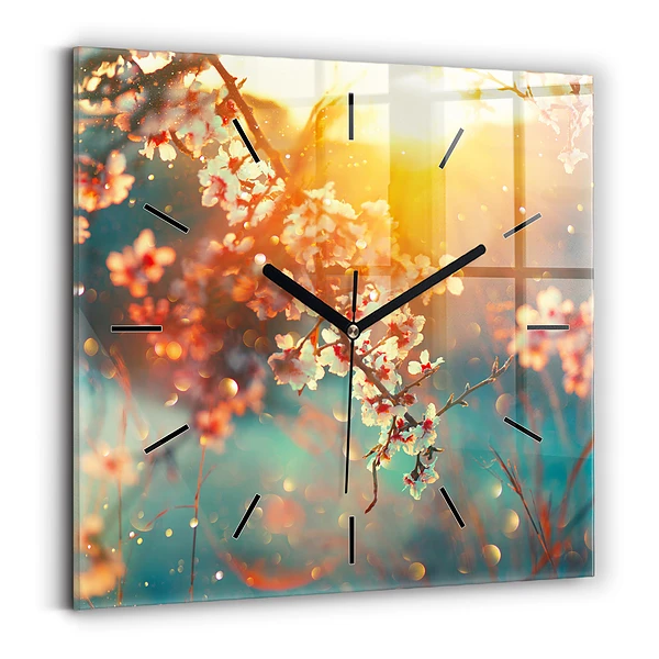 Wanduhr modern quadratisch Frühlingsblumen
