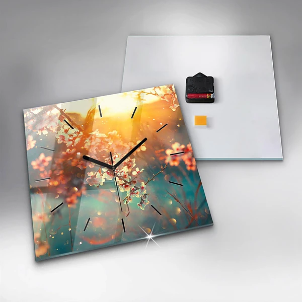 Wanduhr modern quadratisch Frühlingsblumen