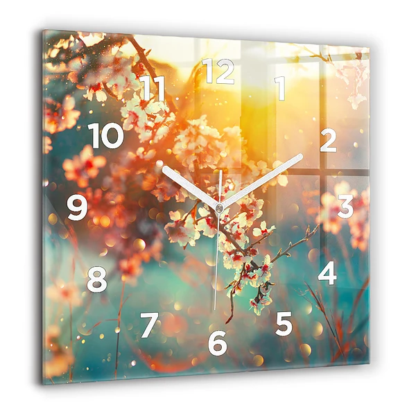 Wanduhr modern quadratisch Frühlingsblumen