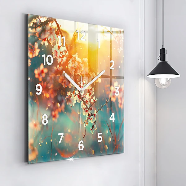 Wanduhr modern quadratisch Frühlingsblumen