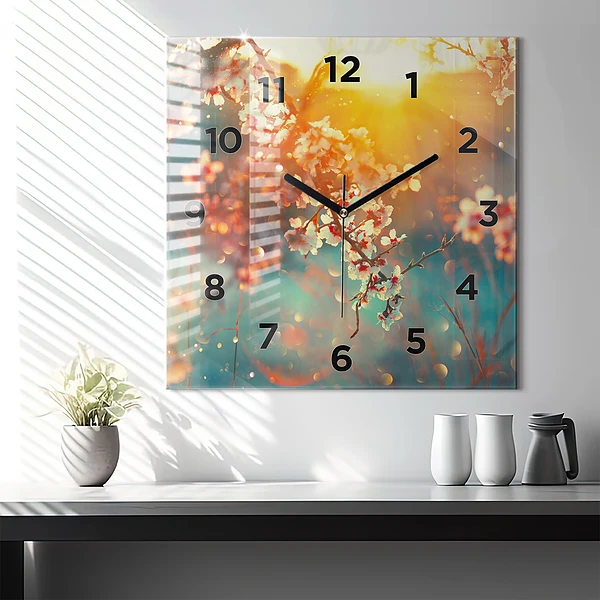 Wanduhr modern quadratisch Frühlingsblumen