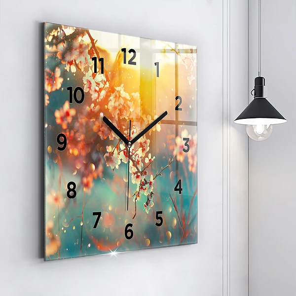 Wanduhr modern quadratisch Frühlingsblumen