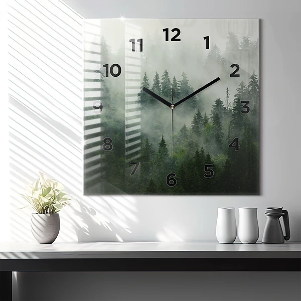 Wanduhr modern quadratisch Nebliger Wald