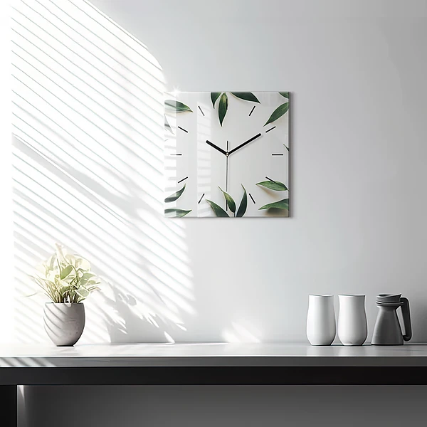 Wanduhr modern quadratisch Rahmen aus Blättern