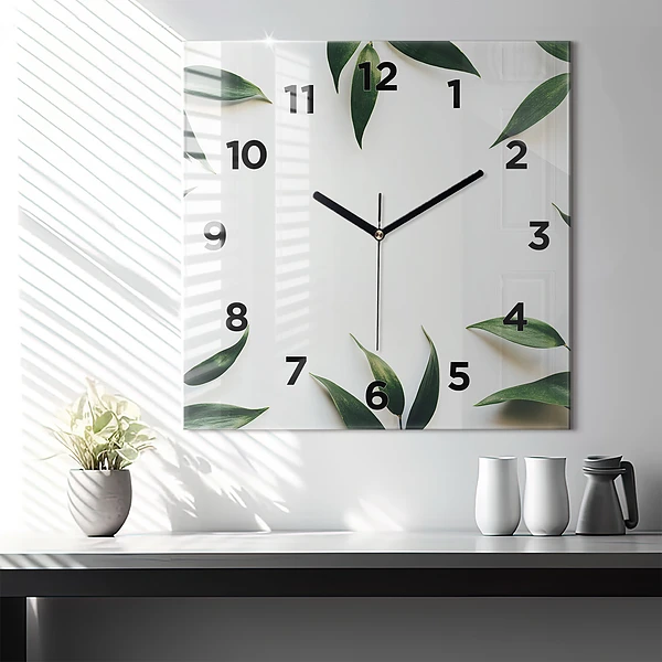 Wanduhr modern quadratisch Rahmen aus Blättern