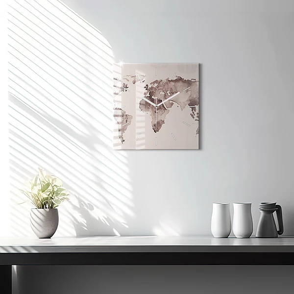 Wanduhr modern quadratisch Aquarellkarte der Welt