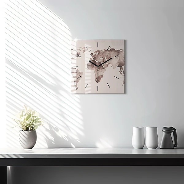 Wanduhr modern quadratisch Aquarellkarte der Welt