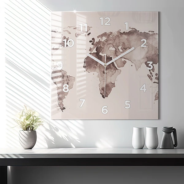 Wanduhr modern quadratisch Aquarellkarte der Welt