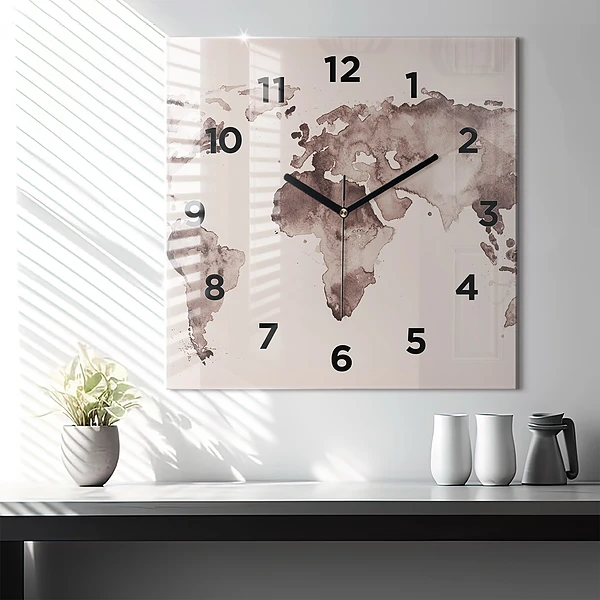 Wanduhr modern quadratisch Aquarellkarte der Welt