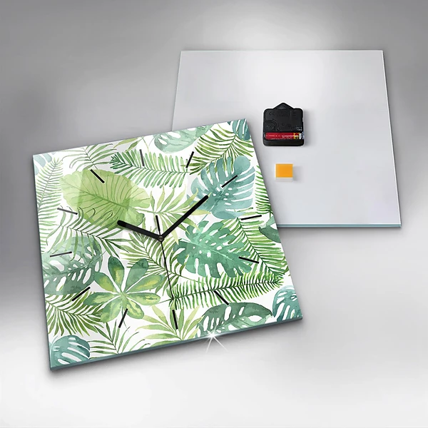 Wanduhr modern quadratisch Grüne Blätter