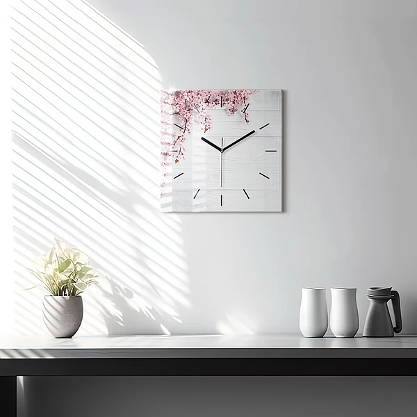 Wanduhr modern quadratisch Frühlingsblumen