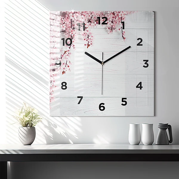 Wanduhr modern quadratisch Frühlingsblumen