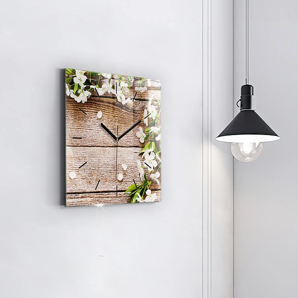 Wanduhr quadratisch Blumen auf Holz
