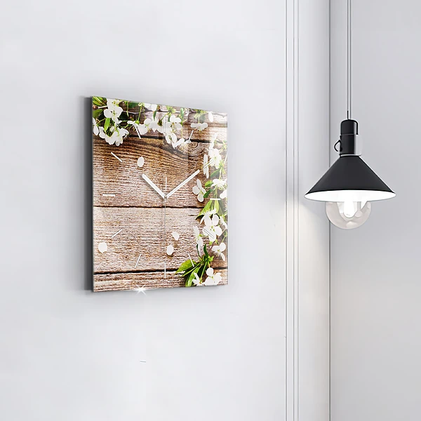 Wanduhr quadratisch Blumen auf Holz