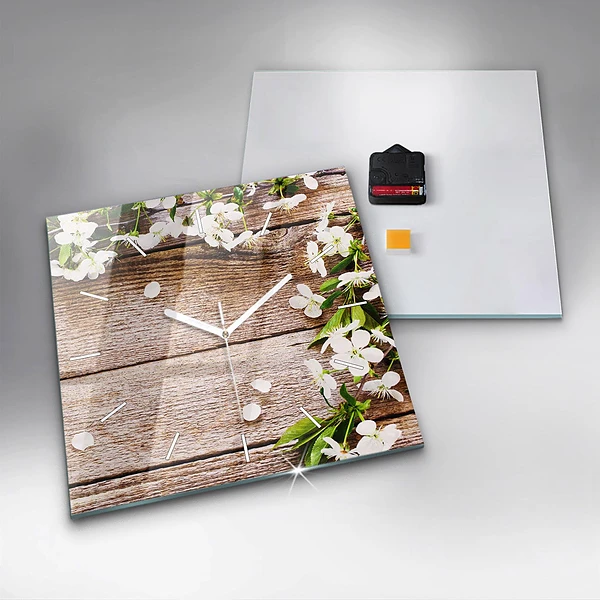 Wanduhr quadratisch Blumen auf Holz