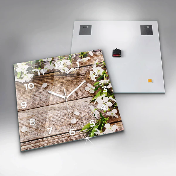 Wanduhr quadratisch Blumen auf Holz