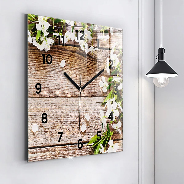 Wanduhr quadratisch Blumen auf Holz