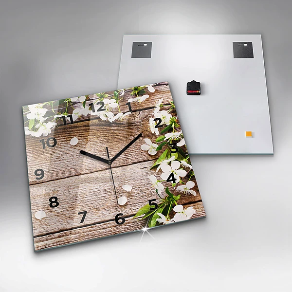 Wanduhr quadratisch Blumen auf Holz