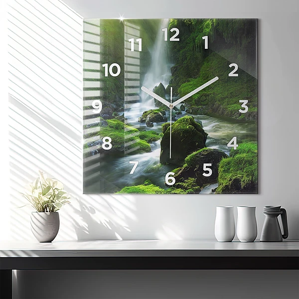 Wanduhr quadratisch mit motiv Wasserfall und Felsen