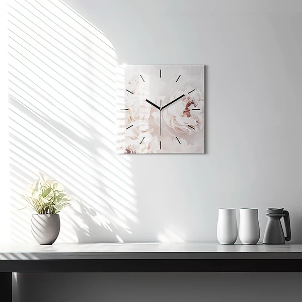 Wanduhr modern quadratisch Pfingstrosenblüten