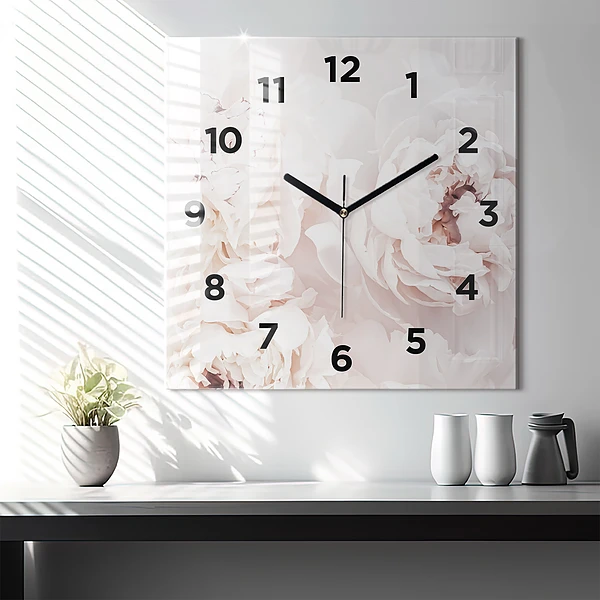 Wanduhr modern quadratisch Pfingstrosenblüten