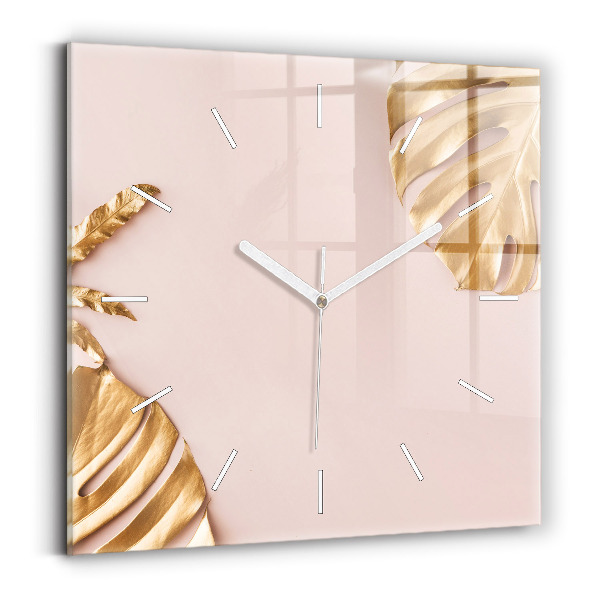 Wanduhr quadratisch mit motiv Goldene tropische Blätter