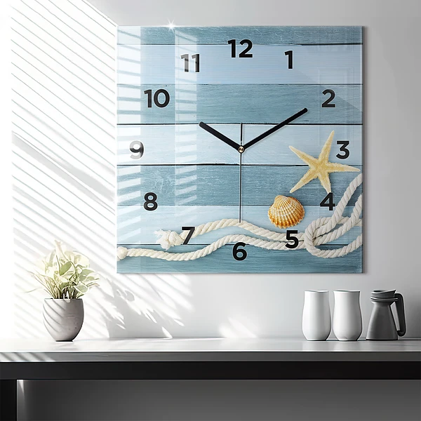 Wanduhr quadratisch Streifen und Muscheln