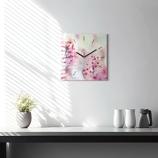 Wanduhr modern quadratisch Frühlingsblumen