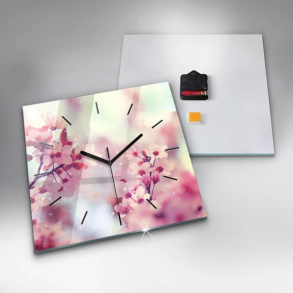 Wanduhr modern quadratisch Frühlingsblumen