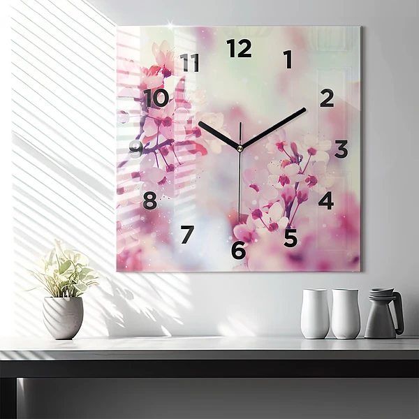 Wanduhr modern quadratisch Frühlingsblumen