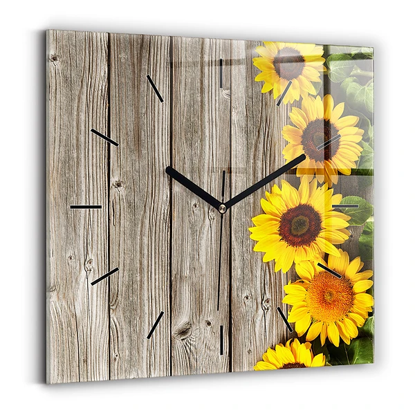 Wanduhr modern quadratisch Sonnenblumen auf den Brettern
