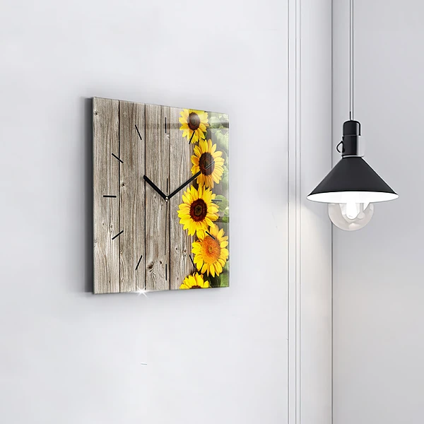 Wanduhr modern quadratisch Sonnenblumen auf den Brettern
