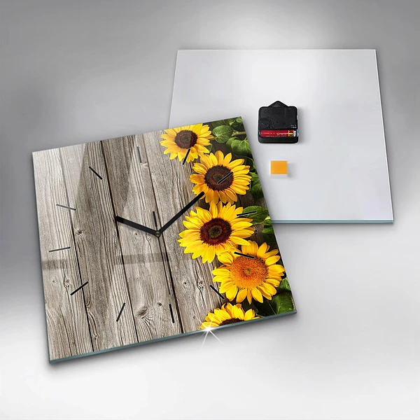 Wanduhr modern quadratisch Sonnenblumen auf den Brettern