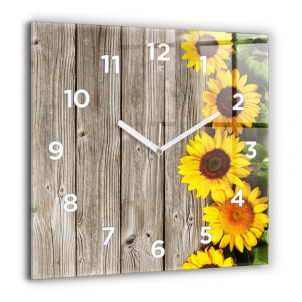 Wanduhr modern quadratisch Sonnenblumen auf den Brettern