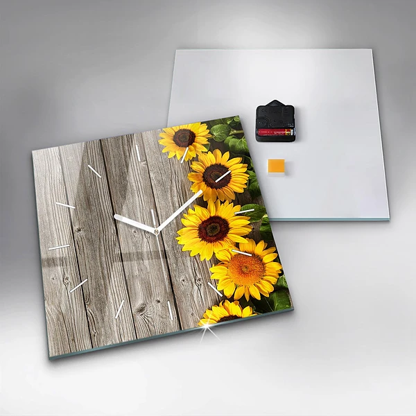 Wanduhr modern quadratisch Sonnenblumen auf den Brettern