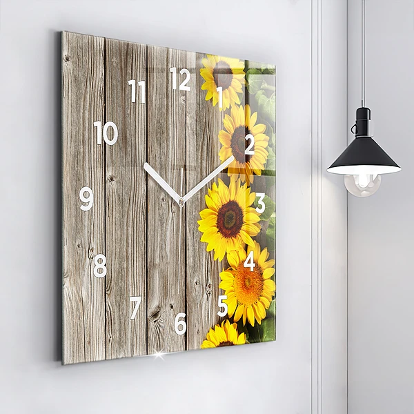 Wanduhr modern quadratisch Sonnenblumen auf den Brettern