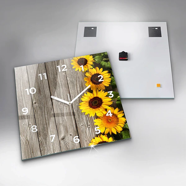 Wanduhr modern quadratisch Sonnenblumen auf den Brettern